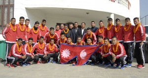 Nepal national football team players and officials after their farewell programme in Lalitpur on Thursday. Photo: Naresh ShresthaTHT
